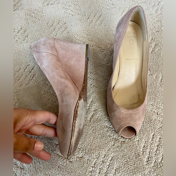 Size 8 beige J Crew peep toe wedges, 2 inch heel, suede - Picture 3 of 4